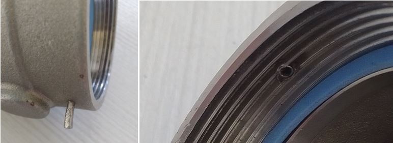 Fiksiruyushchiy shtift snaruzhi i yego polozheniye vnutri klapana